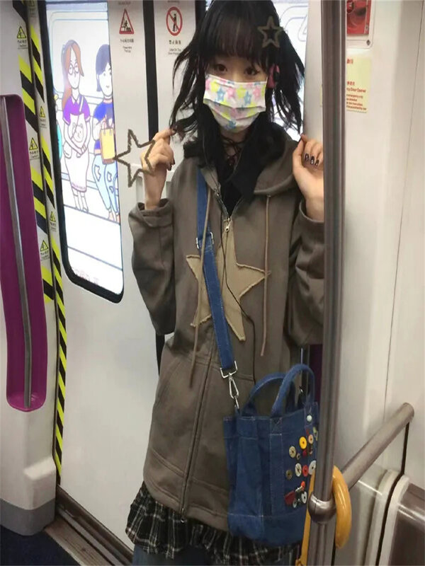 Frauen Casual Übergroßen Sweatshirts Langarm Harajuku Mit Kapuze Mantel Jacke Frühling Herbst Vintage Zip Up Hoodies 90s Streetwear