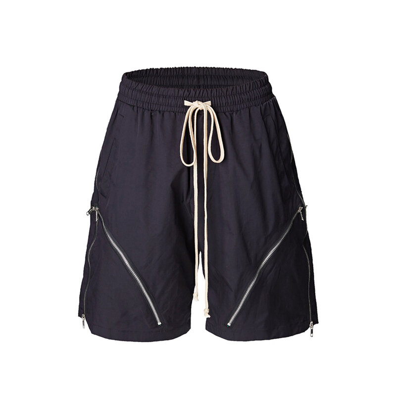 American Style Summer Trendy Zipper Shorts Men's Spliced Contrast Color Loose Drawstring Elastic Waist Sports Knee Length Pants