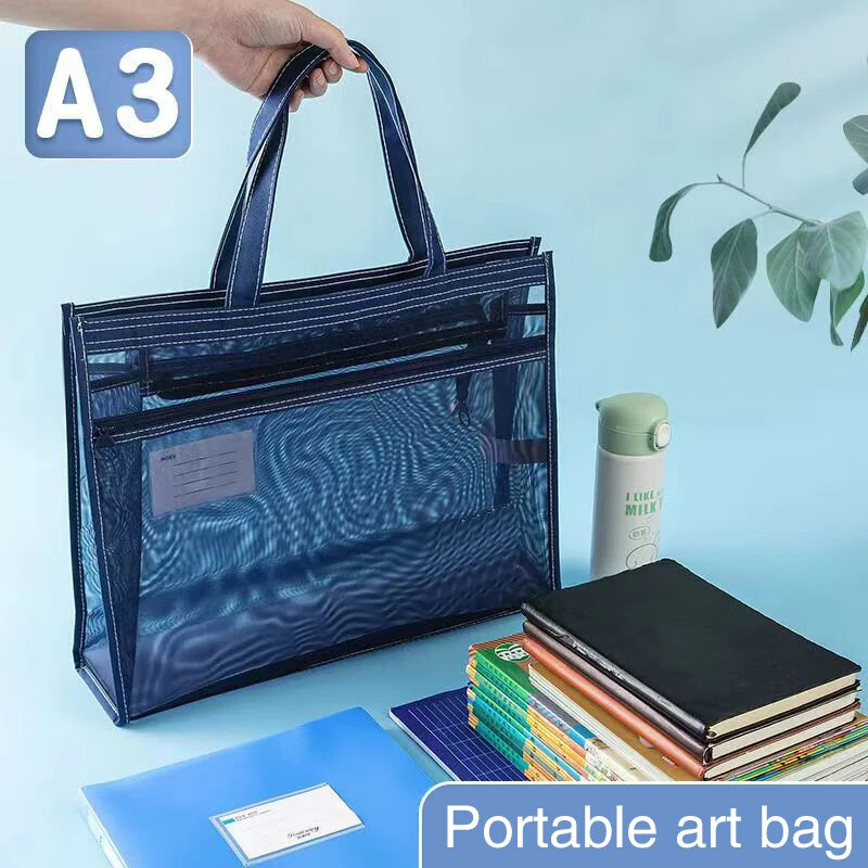 A3 Art Storage Pocket Art Portfolio Portables Handheld Bag Bilayer Large Capacity Nylon Mesh Art Portfolio Organizer with Pocket