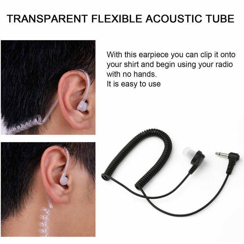 Acoustic Tube Earpiece Headset, Alto-falante Rádio de 2 Vias, Mic Flexível, Ouvir Solteiro, Apenas Receber, Seco, Comum, 3,5mm
