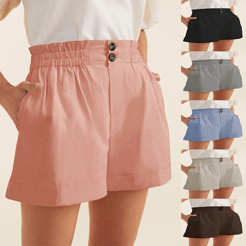Spring and Summer New Women's Solid Color Elastic Buckle Zipper Plus Pocket Casual Shorts Female and Lady Short Pants