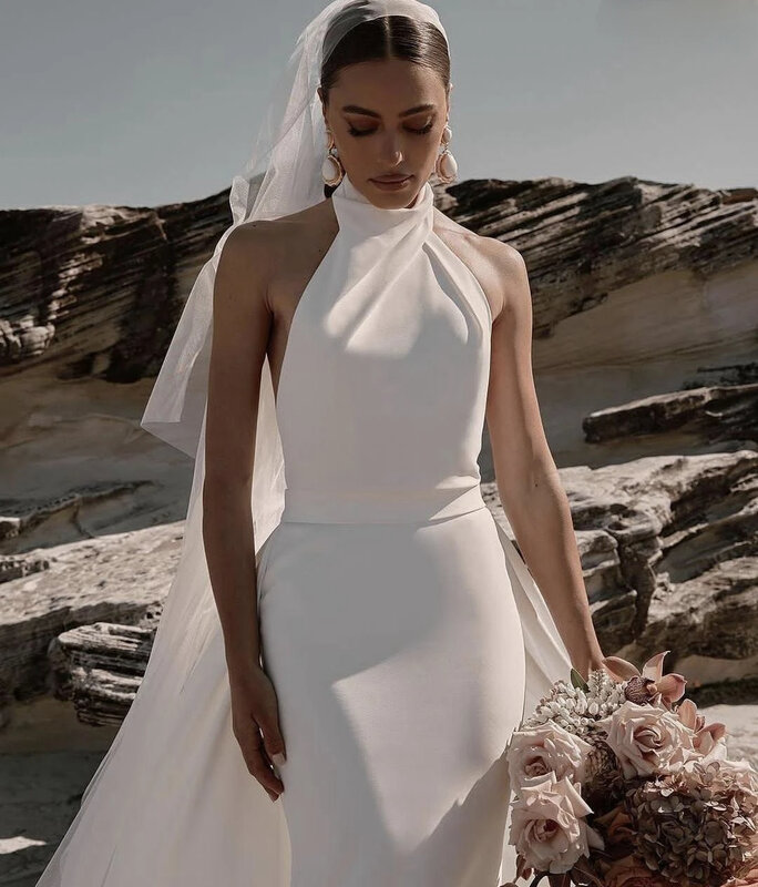 فستان زفاف على الشاطئ للنساء ، حمالة صدر بدون أكمام ، فساتين زفاف ، ساتان أنيق ، مخصص لقياس الأرضية ، قابل للفصل