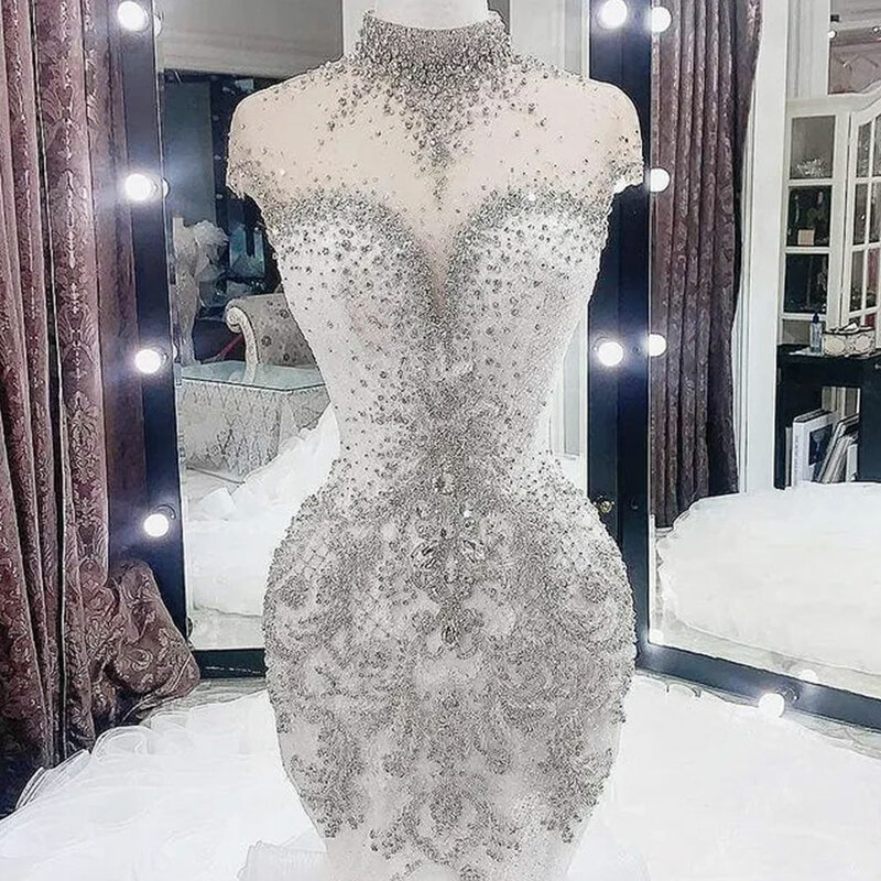 Luxurious Beaded Crystals Wedding Dresses High Neck Mermaid Bridal Gowns Plus Size Arabic Aso Ebi Sheer Neck Bride Formal Maxi
