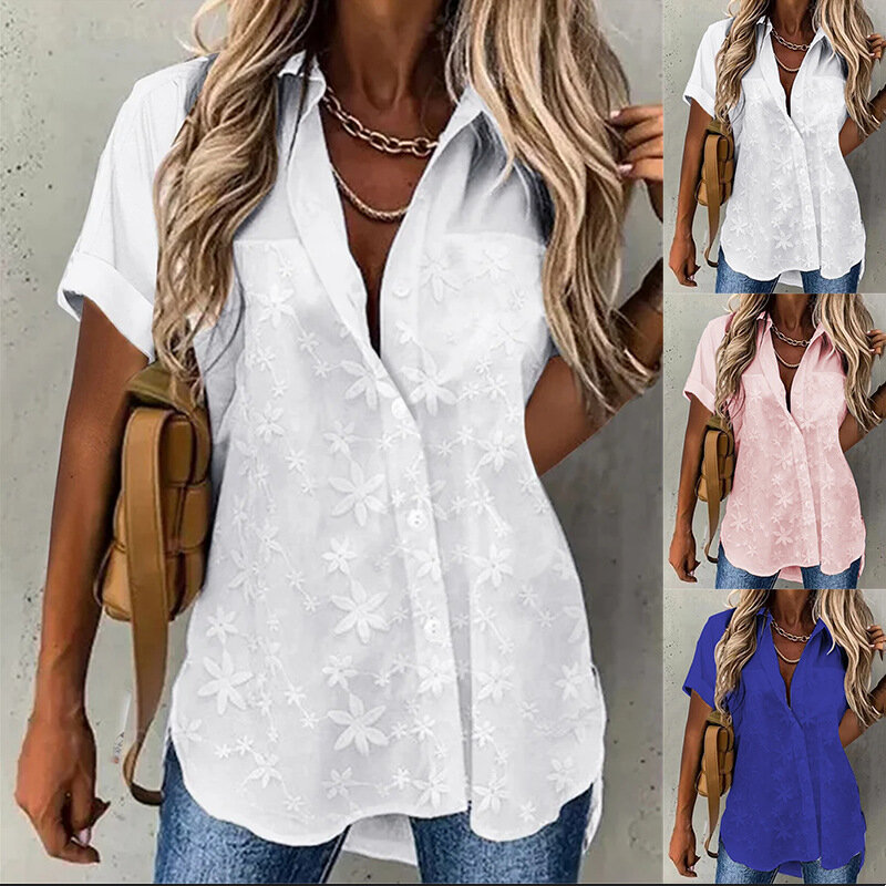 Women's Summer New Loose V-neck Button Short Sleeve Print Shirt Woman Lady Fashion Casual Commuter Top Female Clothing