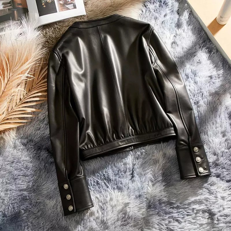 Jaket Kulit Asli Tajiyane untuk Wanita Baru Musim Semi Musim Gugur Jaket Kulit Domba Mode Oneck Mantel Kulit Jaqueta Feminina SGG1041
