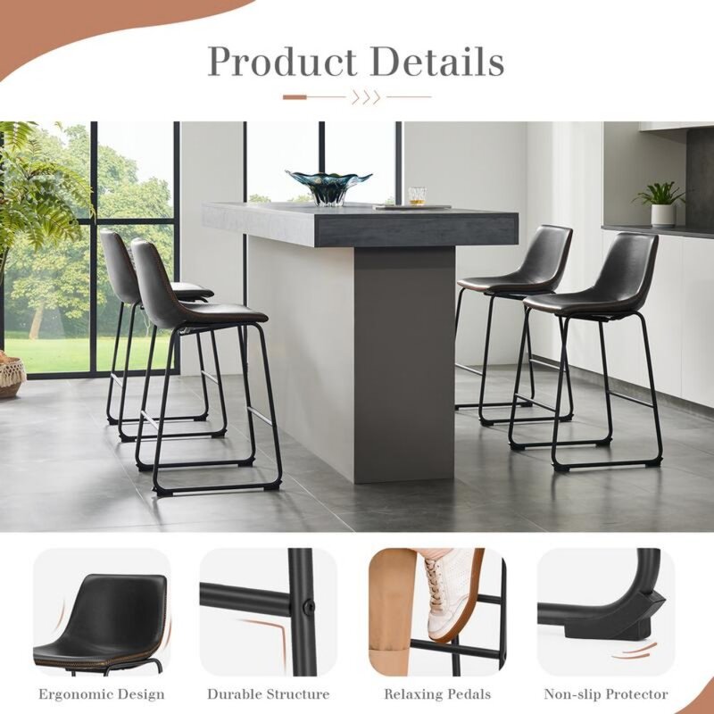 Bar Stool, Bar Chair,26 Inch Armless Dining Chair with Metal Legs and Footstool,Modern Faux Leather Bar Stool for Kitchen Island