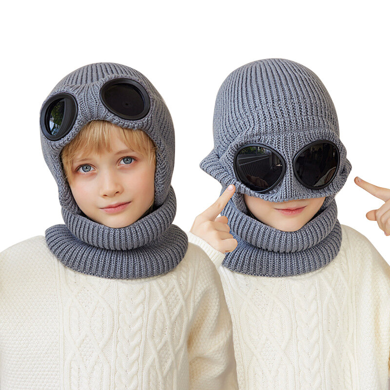 Kinder Winter warm halten Mütze Schal Set 2 Stück Jungen Mädchen Fleece Futter Wollgarn Hut mit Brille Kinder Strick Hals Gamasche