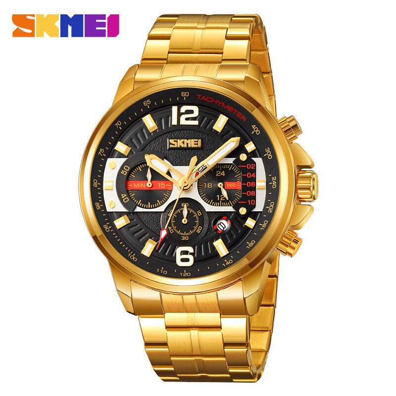 Skmei-ストップウォッチ付きステンレススチールクォーツ時計,男性用,発光時計,オリジナル,高級ファッション