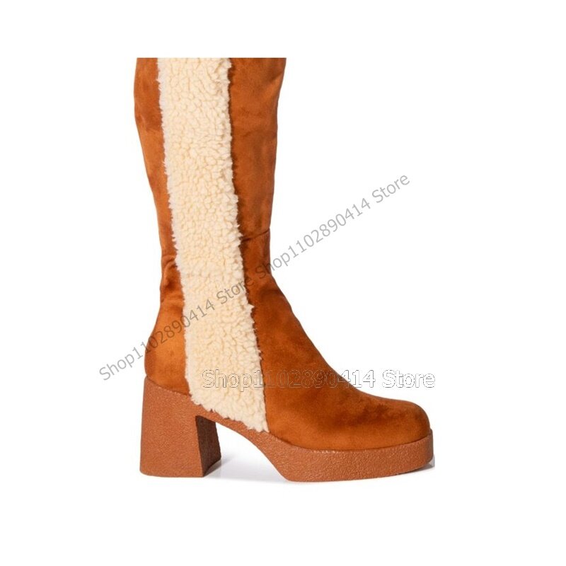 Botas de plataforma quadrada de lã de cordeiro para mulheres, sapatos sobre o joelho, saltos volumosos, zíper lateral, marrom, moda, 2023