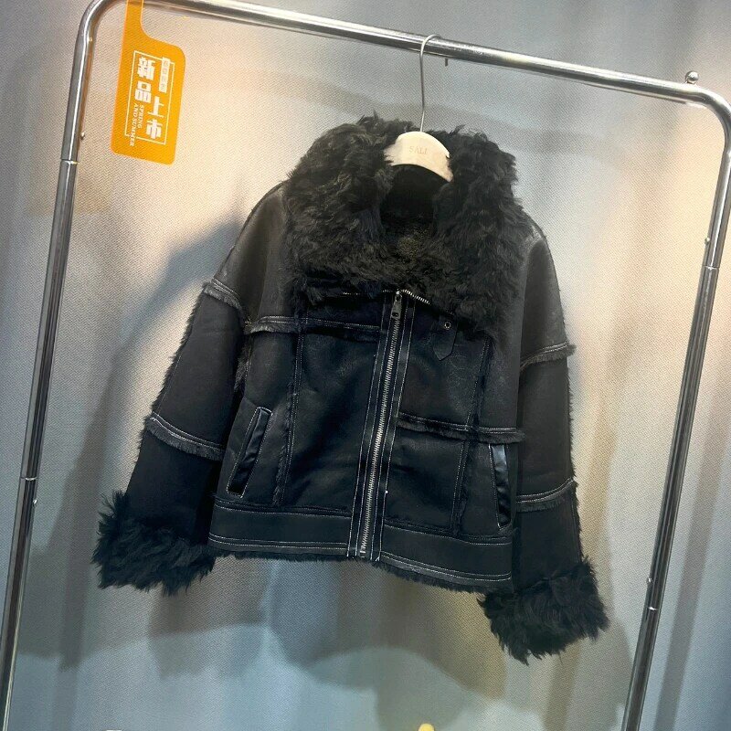Casaco de motocicleta de lã de cordeiro para mulheres, casaco grosso quente, Top Outwear, Pele de cordeiro, novo, outono e inverno, 2021, 1 pc