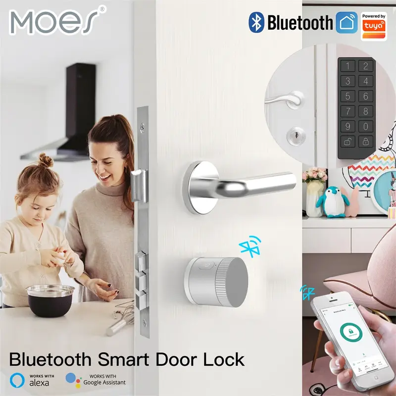 MOES-cerradura de puerta con Bluetooth, Sensor de cifrado AES128 TLS, desbloqueo, aplicación inteligente Tuya, Control remoto por voz, Alexa, Google, EU