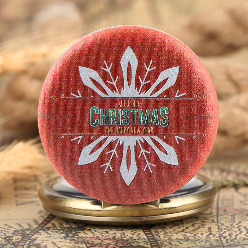 Reloj de bolsillo con estampado rojo para mujer, pulsera de cuarzo con números árabes, esfera de bronce, cadena colgante, regalo, Feliz Navidad y Año Nuevo