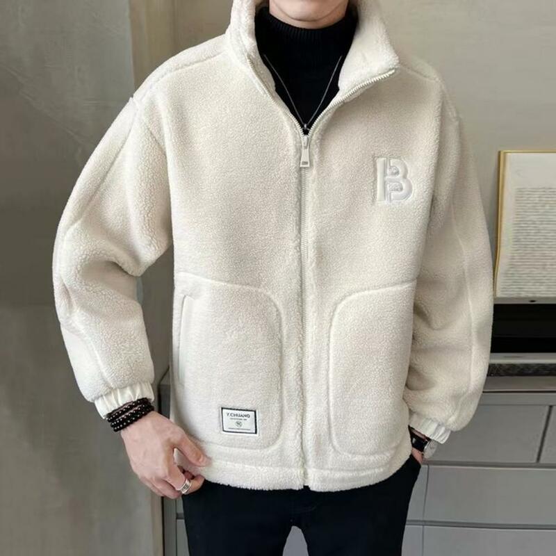 Winter Men's Fleece Jacket Pockets Solid Color Casual Polar Fleece Jacket Cold-Proof Thickened Warm Clothes Plus Size Outwear