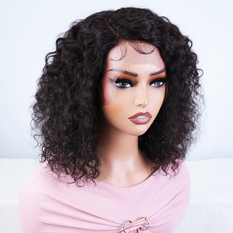 Gestroomlijnde Afro Kinky Krullend Bob Kant Pruiken 13X6X1 C Type Zijdeel Diep Krullend Menselijk Haar Natuurlijk Zwart Remy Lace Pruiken