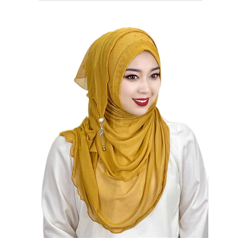単色のイスラム教徒の女性のためのヒジャーブ,ダイヤモンド付きの柔らかいヘッドスカーフ,イスラムのターバン,ヘアアクセサリー,スポーツ