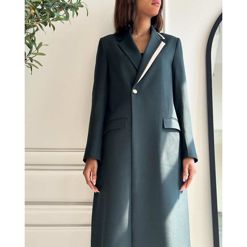 Abayas Muslim Dubai Female Green Notch Lapel One Button Long Blazer Formal Smart Casual Outfits High Quality Business Lady Terno