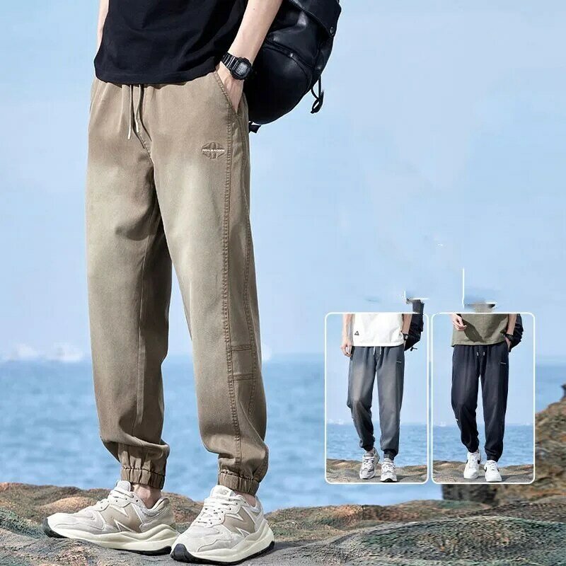 2024 baru Retro merek musim panas tipis pria es sutra kain pinggang elastis kantong tali kasual terikat kaki celana panjang pergelangan kaki