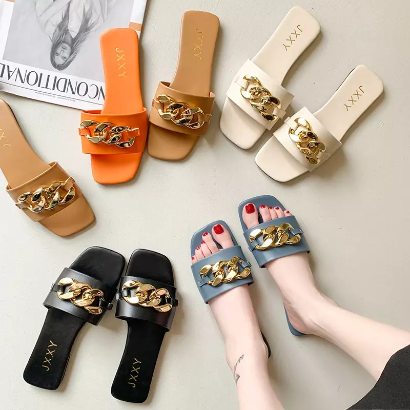 2024 New Fashion Women's Slippers Square Toe Chain Slippers Flat Slide Sandals Beach Flip Flops Metal Decoration Casual Shoes