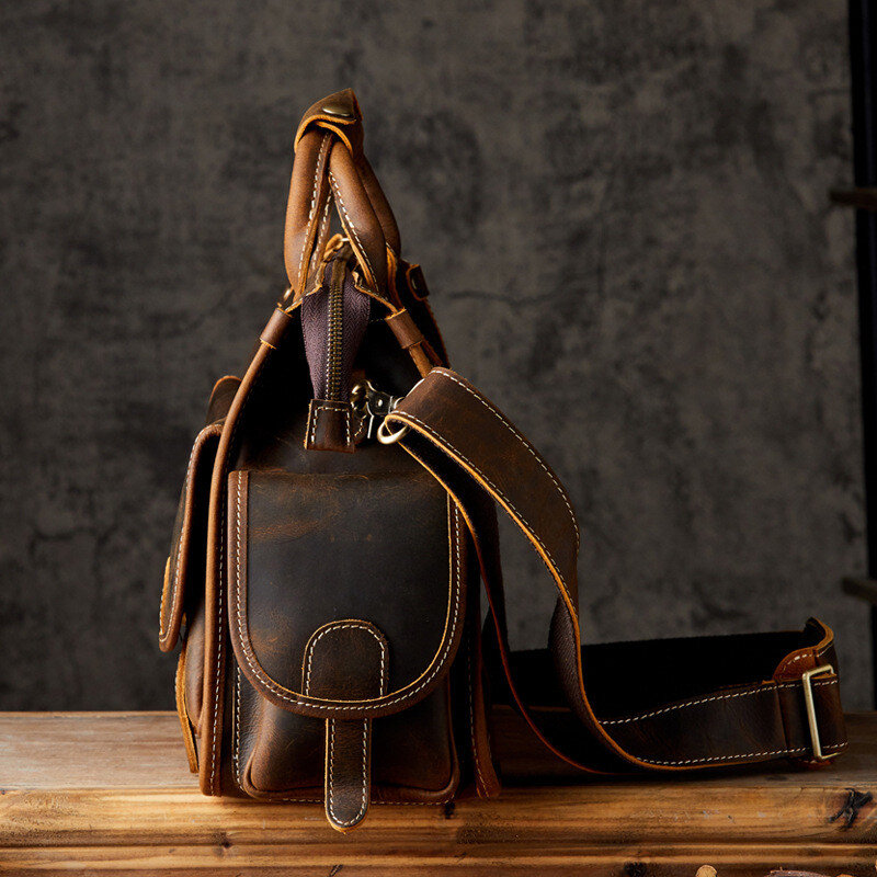 Crazy Horse Cowhide Bolsa de couro genuíno Maleta de negócios masculina Messenger Bag Vintage Bolsa de trabalho de viagem de alta qualidade
