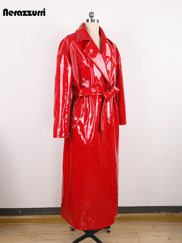 Nerazzurri Spring Autumn Long Shiny Reflective Red Faux Patent Leather Trench Coat for Women Loose Casual Runway Fashion 2024
