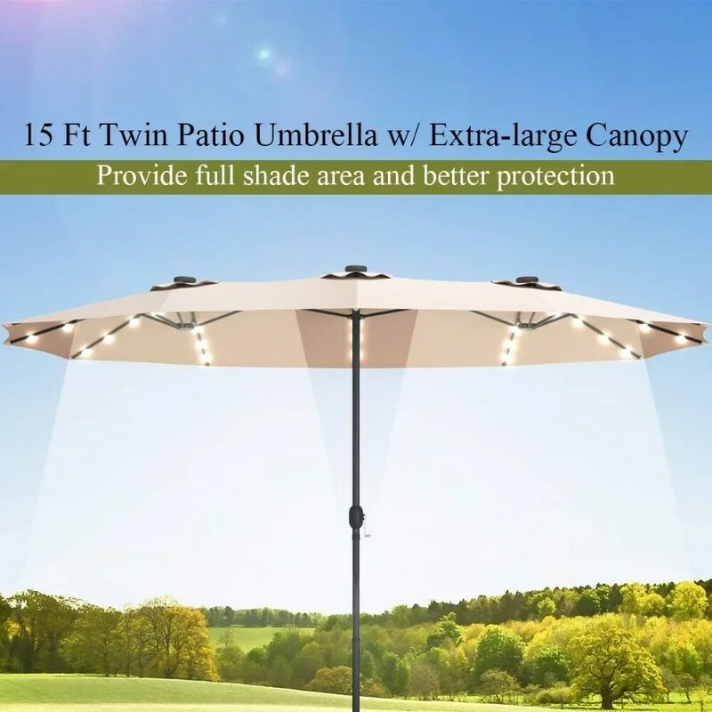 ソーラーLED両面パティオ傘,ベース付き,屋外,ツイン傘,大型,36個のLEDライト,5フィート。