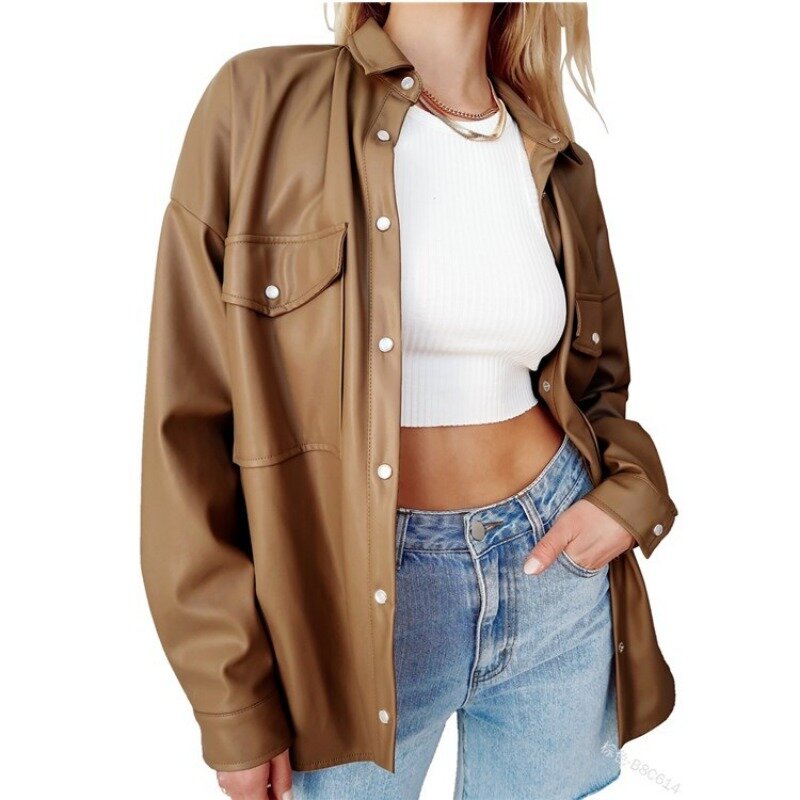 여성용 폴로 칼라 가죽 재킷, 단색 캐주얼 재킷, PU 코트, 포켓 싱글 브레스트 펑크 코트, 아웃웨어, 트렌드