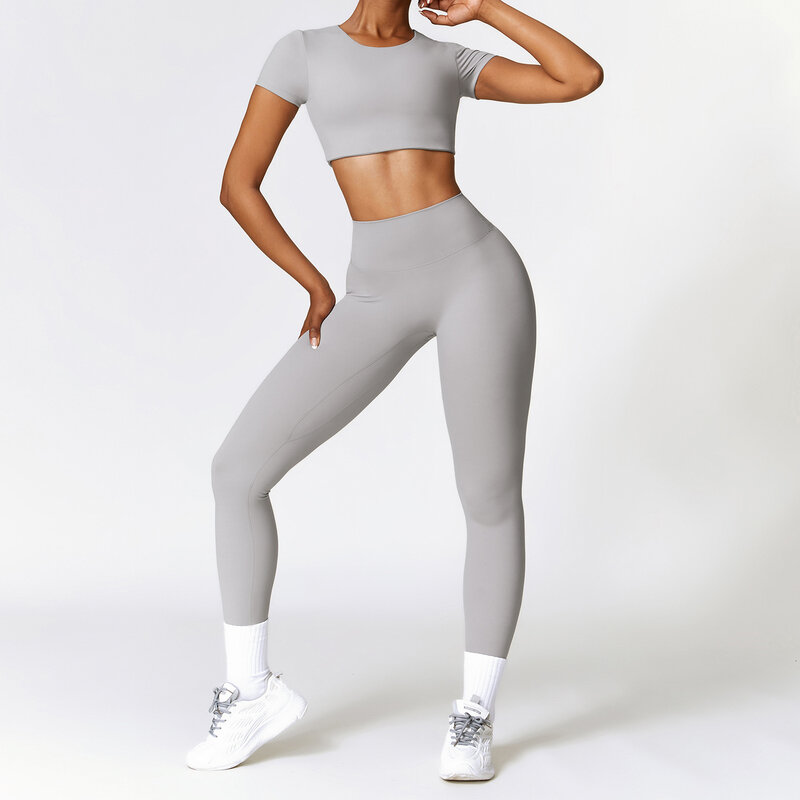 2 Stuks Naadloze Yoga Set Vrouwen Workout Set Sportkleding Gym Kleding Fitness Lange Mouw Crop Top Hoge Taille Leggings Sportpakken