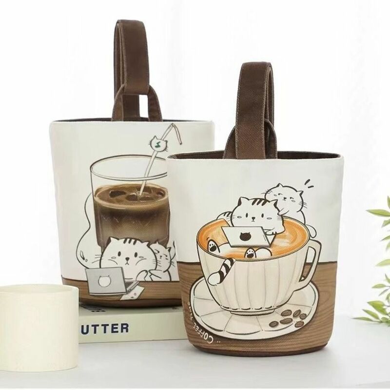 Вместительная мультяшная сумка-мешок в виде кофейного кота, Холщовая Сумка в Корейском стиле для мам, женская сумка, сумка для ланча, сумка для хранения