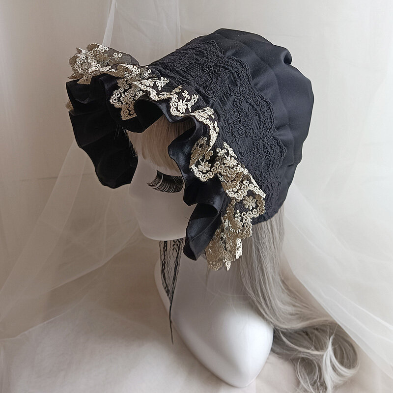 Boné de algodão vintage medieval para cosplay para mulheres, chapéu ajustável com cordões para meninas, gorro com renda Lolita, chapéu babados