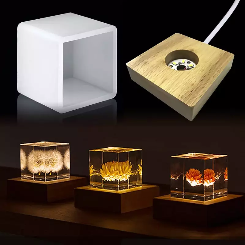 Cetakan Resin cahaya persegi, cetakan silikon led untuk Resin, cetakan silikon resin dengan dudukan dasar lampu kayu untuk seni Resin