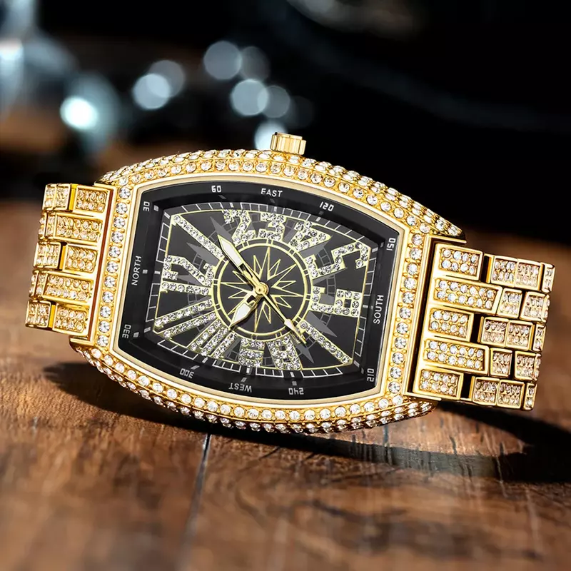 Missfox franck árabe relógio de quartzo para homem luxo tonneau iced para fora bling diamante hip hop relógios masculino aaa relógio de pulso