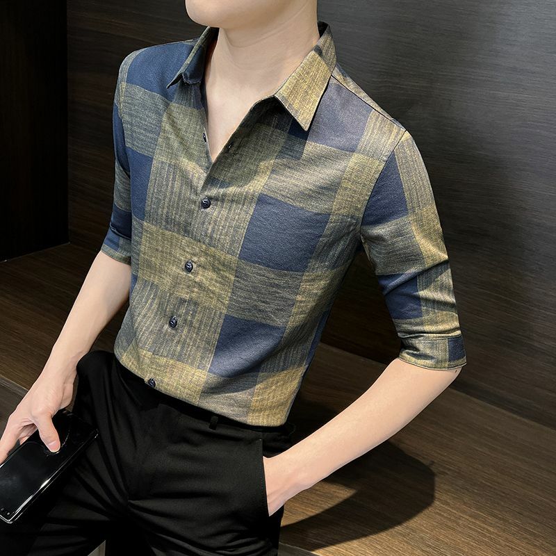 Camisa xadrez casual manga média masculina, gola fina, patchwork de botões, top justo, versátil, manga comprida, moda masculina bonito, verão