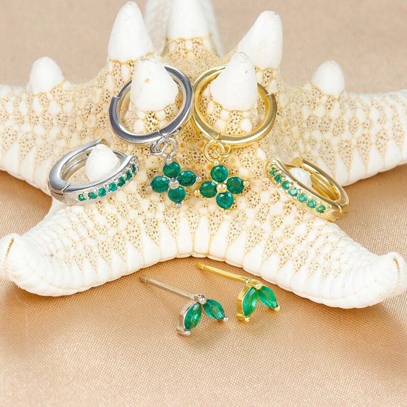 3PCS Stainless Steel Green Crystal Zirconia Hoop Earrings Set For Women Geometric Cartilage Piercing Earring Fashion Jewelry