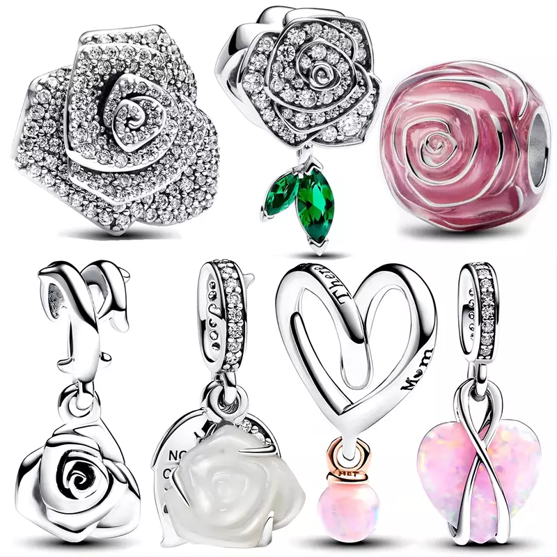925 contas de prata esterlina para fazer jóias, espumante Rose in Bloom Charms, se Fits Original Pulseira Pandora