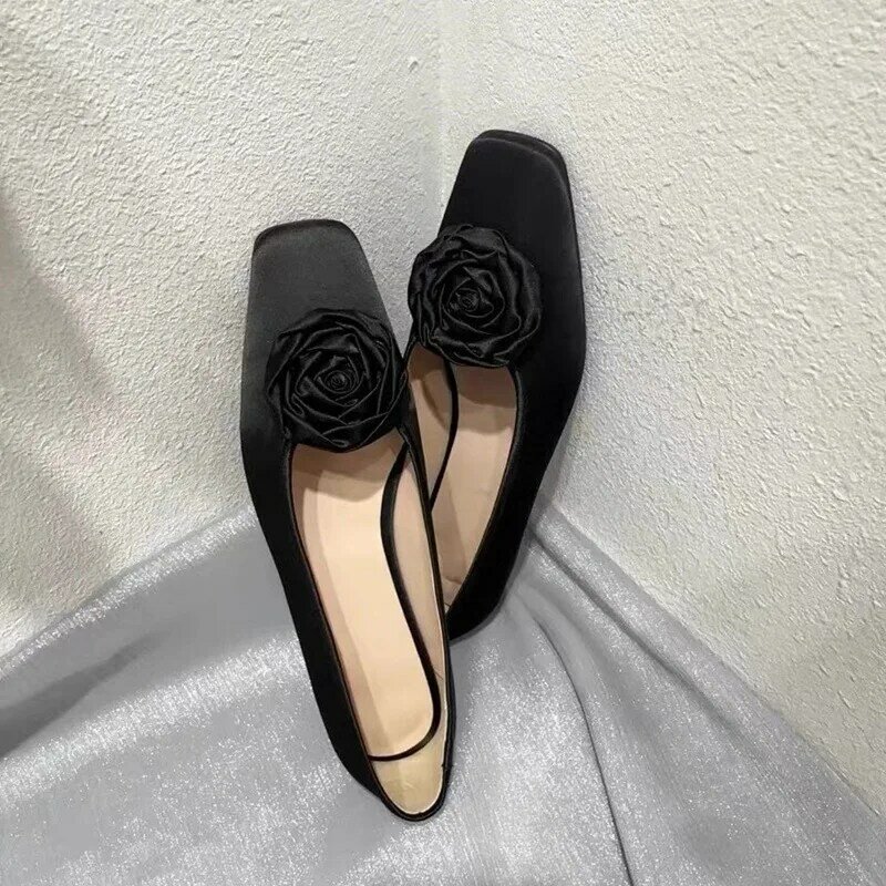 High Grade Satin Retro Three-Dimensional Rose Flat Bottomed Square Toe Shallow Cut Single Shoe Mary Jane Women's Shoes Spring