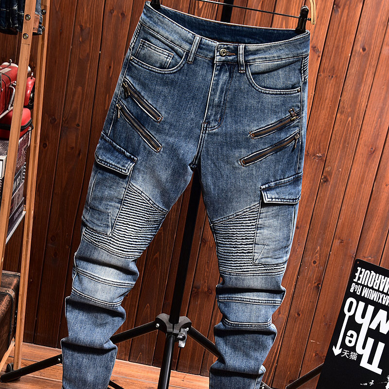 New men slim fit jeans with zipper decoration straight tube multiple pockets high-end elastic motorcycle biker casual denim pant