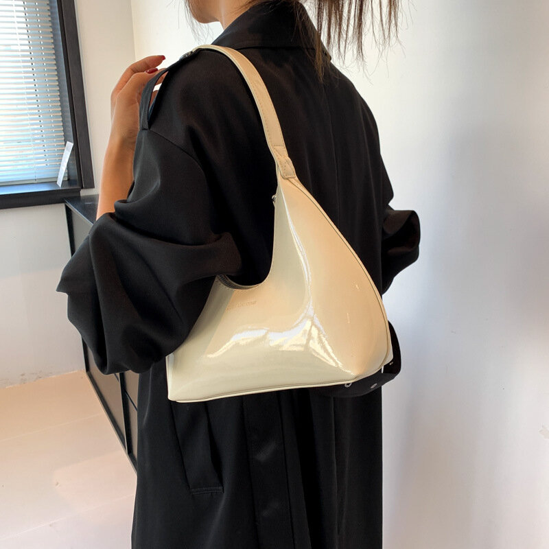 Trendy Designer Solid Shoulder Bags for Women Handbags and Purses 2024 New Fashion Patent Leather Underarm Ladies Tote Bags