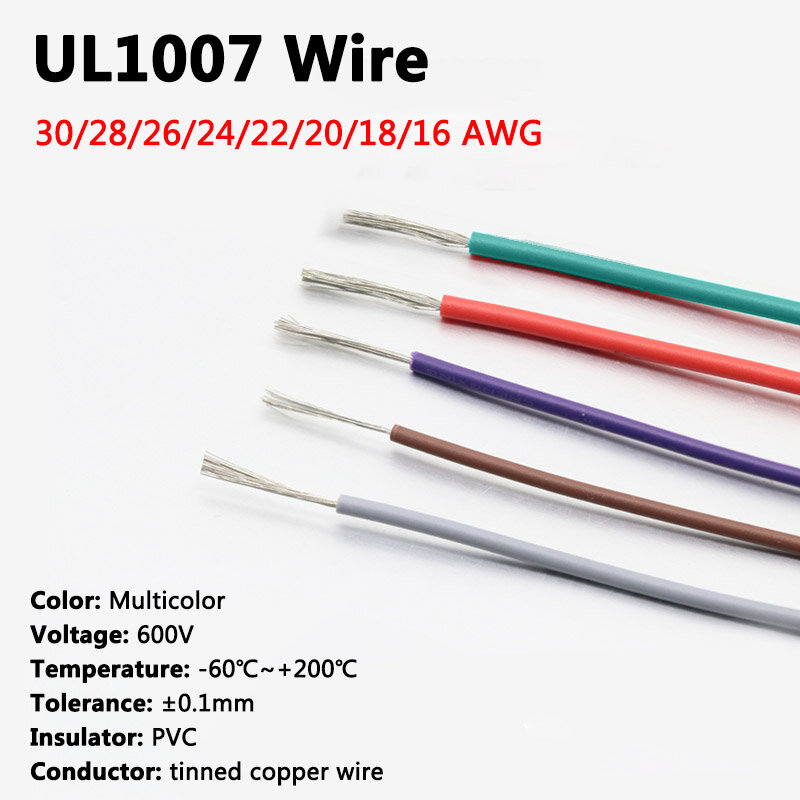 1M UL1007 Wire 30 28 26 24 22 20 18 16 AWG Cable High Temperature Resistant Flexible Silicone Electronic Copper Wire 600V