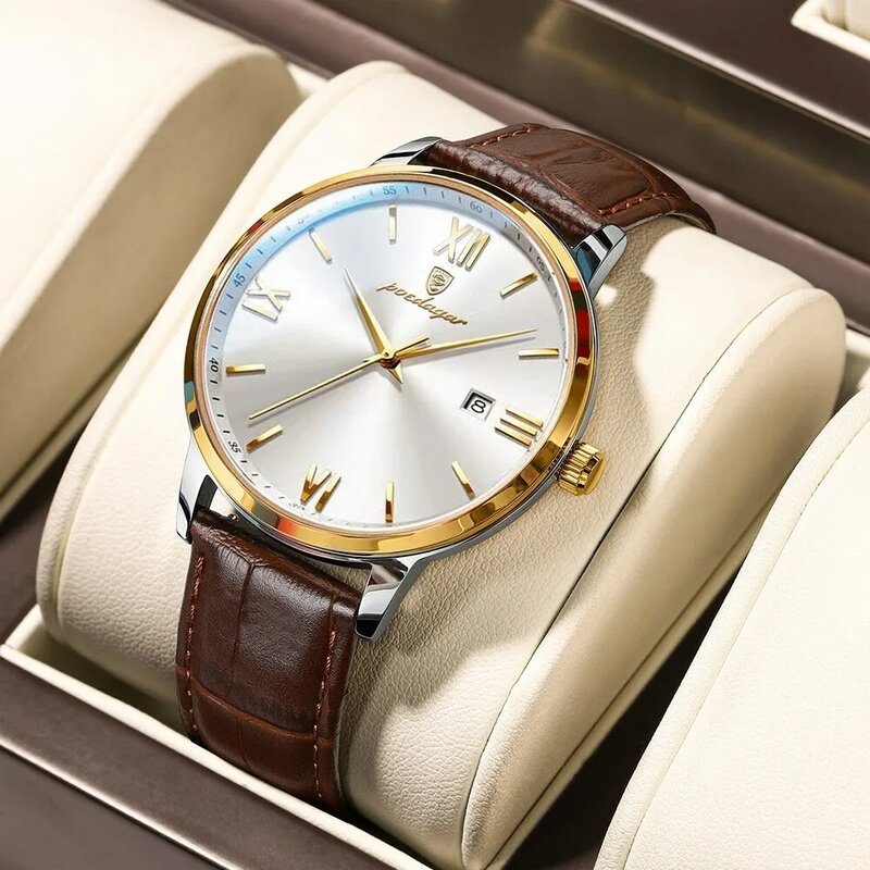 POEDAGAR-최고 브랜드 럭셔리 남성 손목 시계, 가죽 쿼츠 시계, 스포츠 방수 남성 시계, 비즈니스 시계 + 상자
