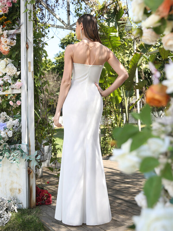 Элегантное Белое Атласное Вечернее платье-русалка, летнее милое платье с бисером и иллюзией в пол, коктейльное платье макси, платья