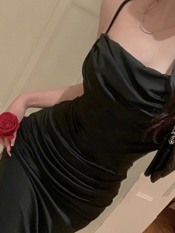 Damska elegancka seksowna obcisła sukienka syrenka letnia nowa modny pasek wieczorowa suknia na wybiegu koreańska jednolity kolor, długi przedsionka