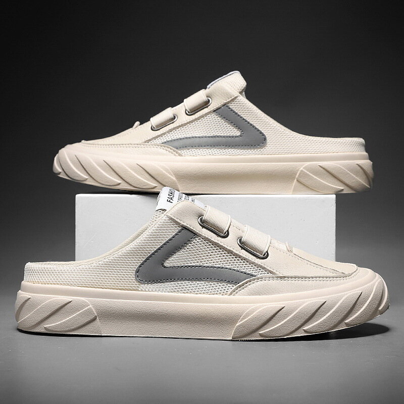 2023 summer New Mesh Half Slippers Men's Trend Cool  Baotou Hollow Breathable Light Casual White Shoes Men  Tenis