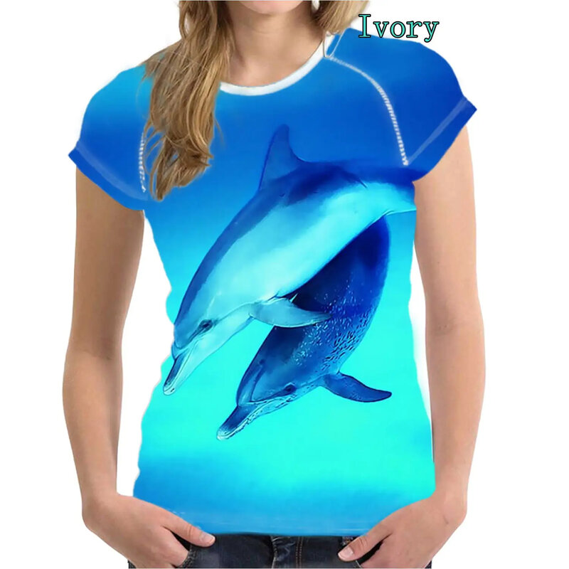 New women's top fashionable summer casual short sleeved round neck dolphin 3D printed T-shirt beach vacation women's clothing