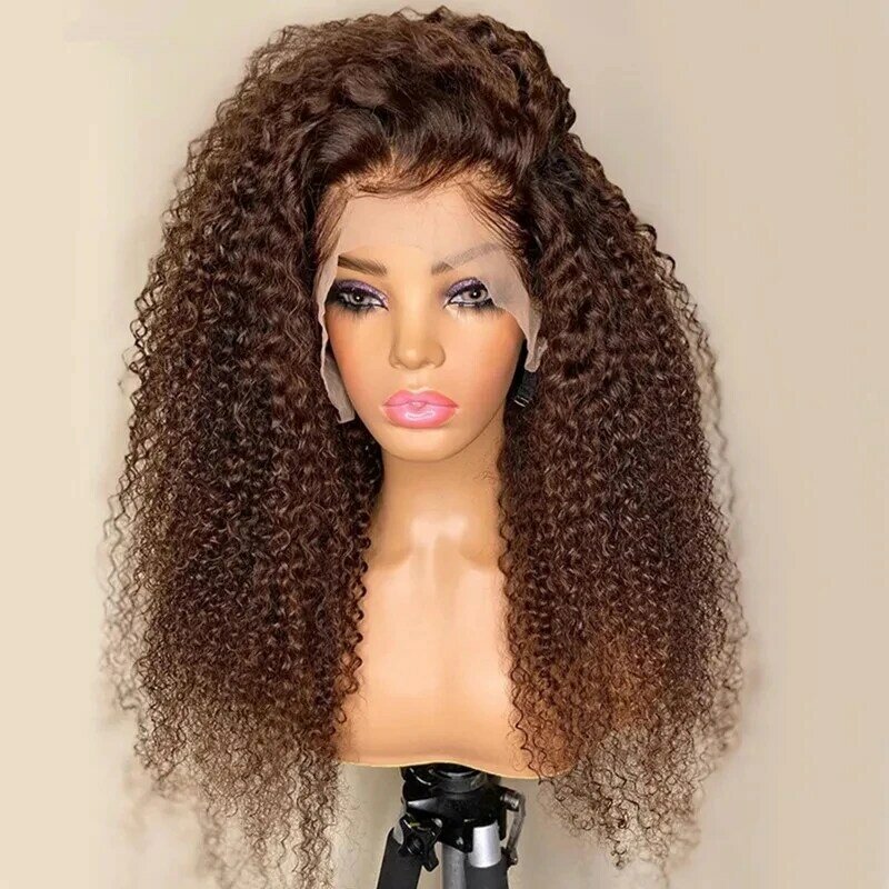 Kinky Curly Lace Front Wig para mulheres negras, cabelo do bebê, pré-arrancadas, resistente ao calor, macio, longo, marrom, sem cola, 180 Densidade, 26"
