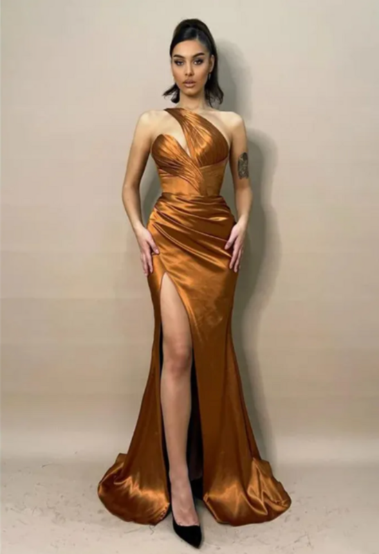 Vestidos sexy sereia, um ombro, sem mangas, vestidos de baile de festa, lado alto, cetim elegante, vestido formal personalizado, 2024