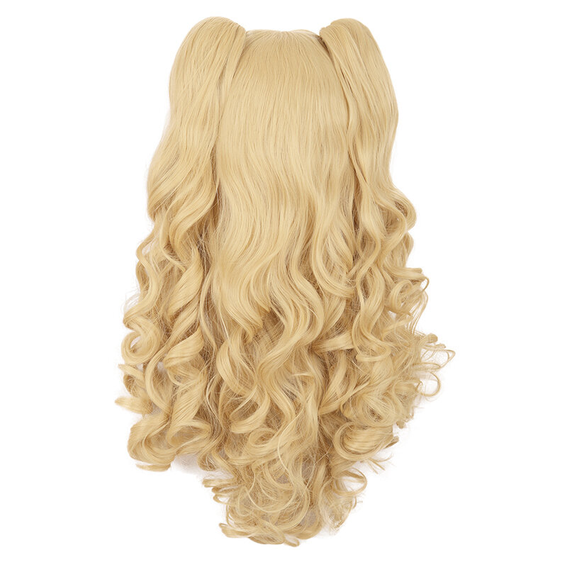 Cos peruca encaracolada longa para fêmea, Lolita Grip, rabo de cavalo duplo, onda grande, laranja, amarelo, anime, cabeça cheia