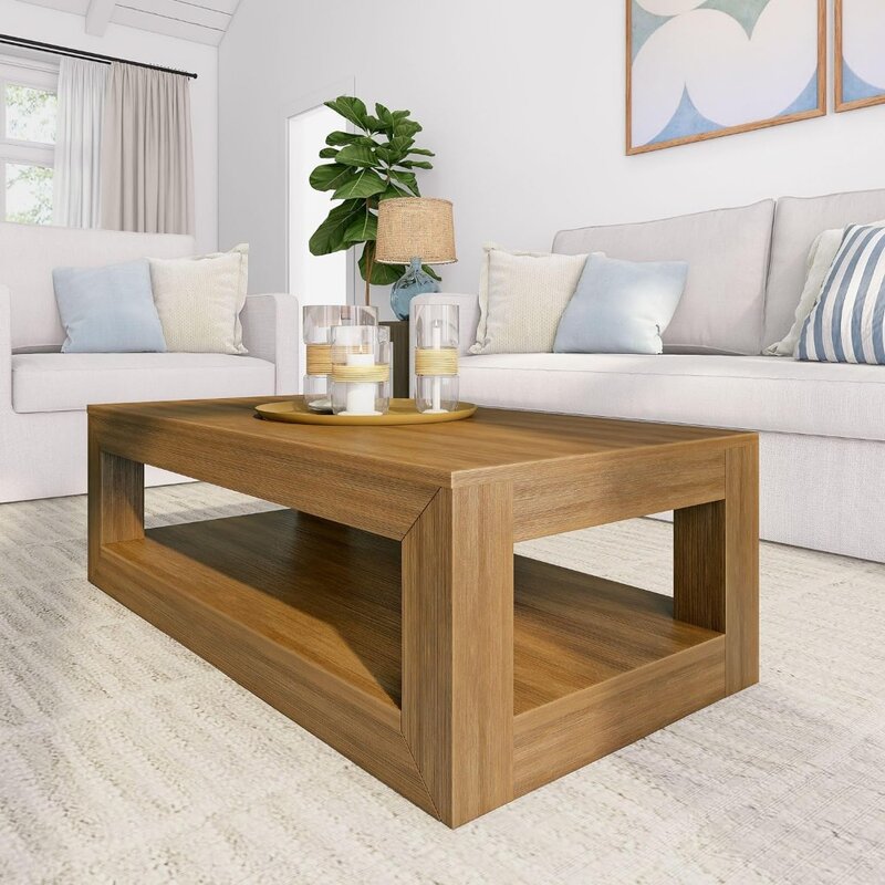 Modern Rectangular Coffee Table with Shelf, Solid Wood, 40 Inch, Center Table with Storage, 2 Tier Tea Table for Living Room