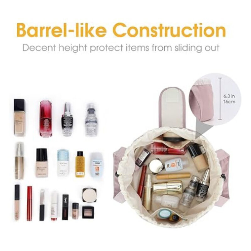Female Barrel Drawstring Makeup Bag Large Capacity Cosmetic Bag Toiletry Organizer for Women Make up Bags