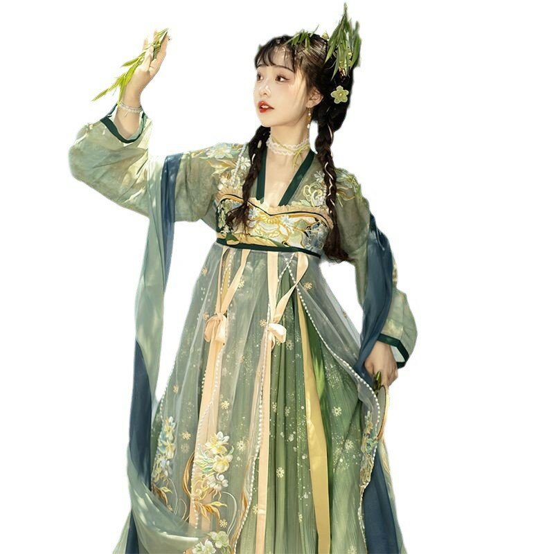 Hanfu-bordado a máquina de vestido alto en el pecho para mujer, brocado, nuevo, diario, fresco