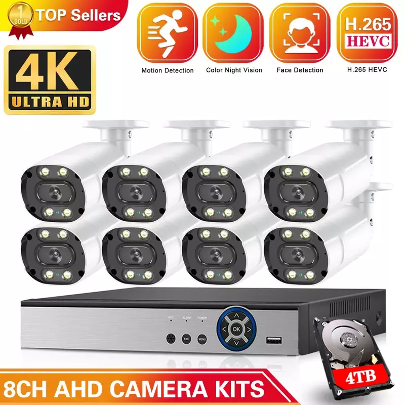 풀 HD 보안 카메라 시스템, 8/4 채널 DVR 녹음기, 실외 실내 AHD 키트, 비디오 감시 시스템 키트, 4K, 6, 8 개, 8MP